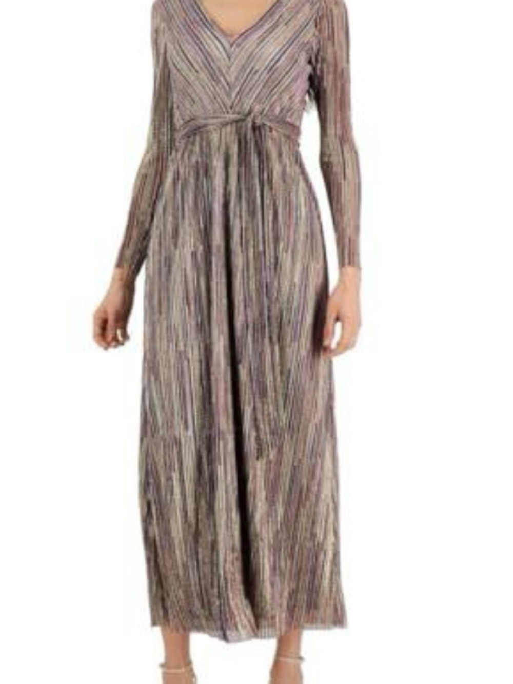 Anne Klein Long-Sleeve V-Neck Maxi Dress in Muted Stripe